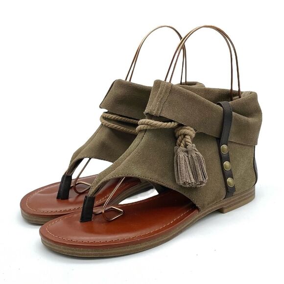 MIA Natasha Tan Stone Suede Boho Thong Ankle Wrap Tassel Sandal Women’s Size 7 - Picture 6 of 16